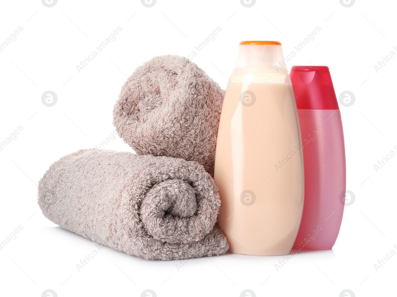 Photo of Personal hygiene products and towels on white background