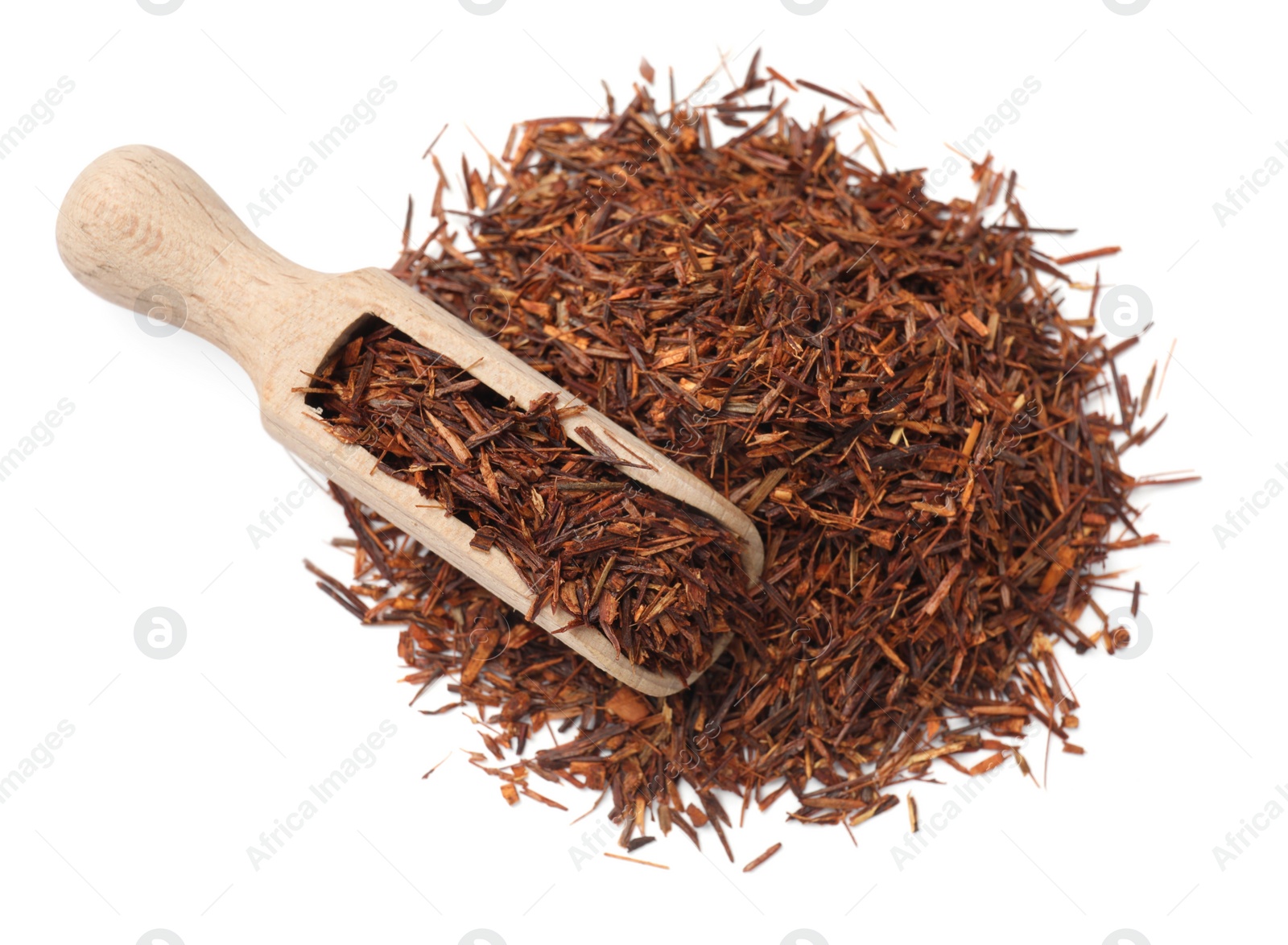 Photo of Rooibos tea and scoop isolated on white, top view