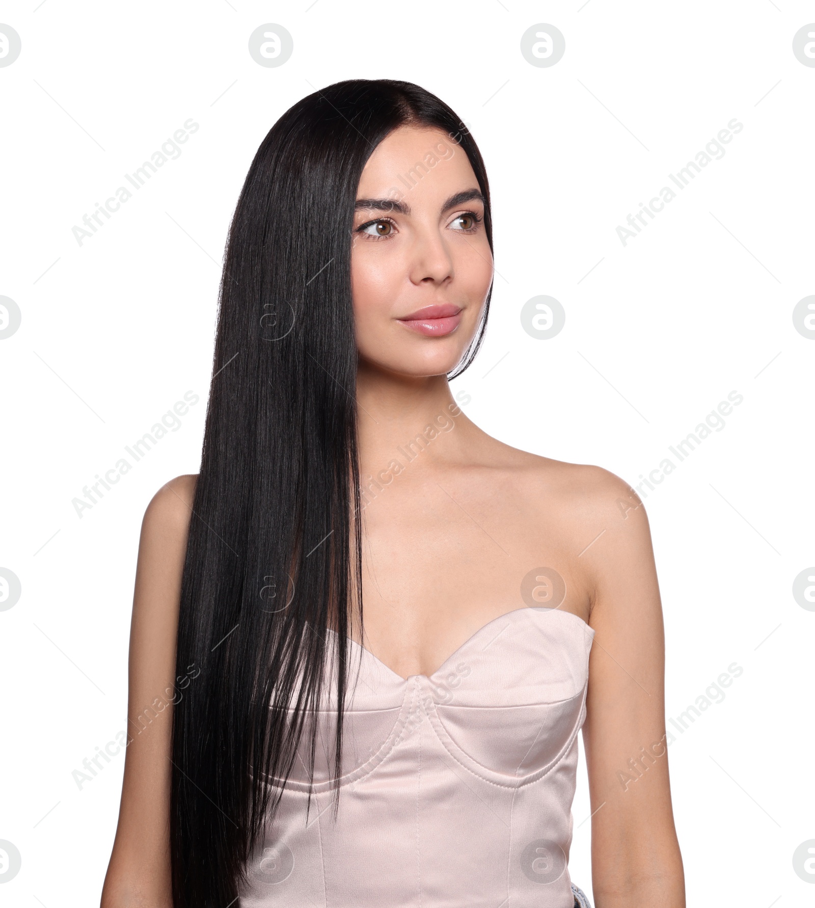 Photo of Portrait of beautiful young woman with healthy strong hair on white background