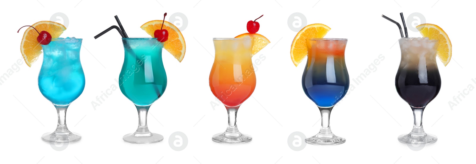 Image of Set of tasty alcoholic cocktails on white background. Banner design