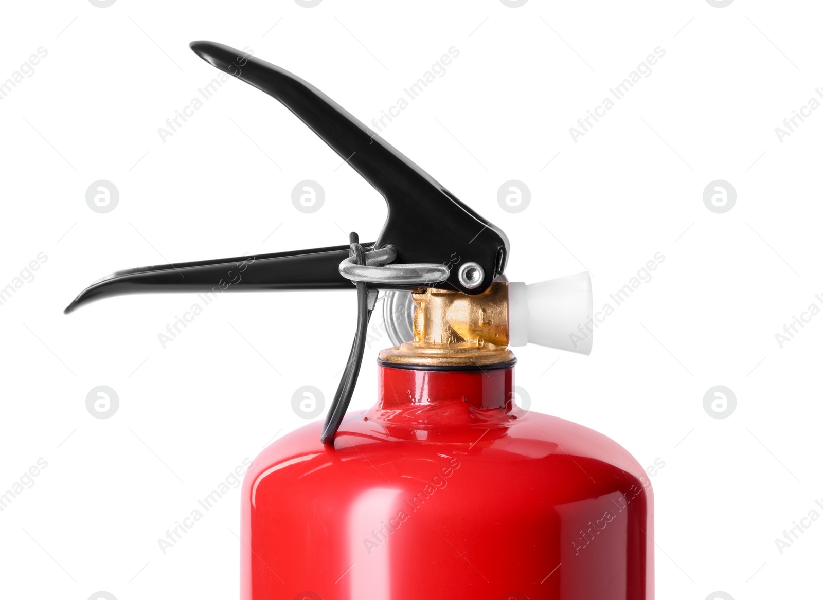 Photo of One red fire extinguisher on white background