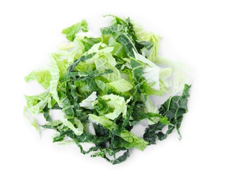 Photo of Pile of shredded savoy cabbage on white background, top view