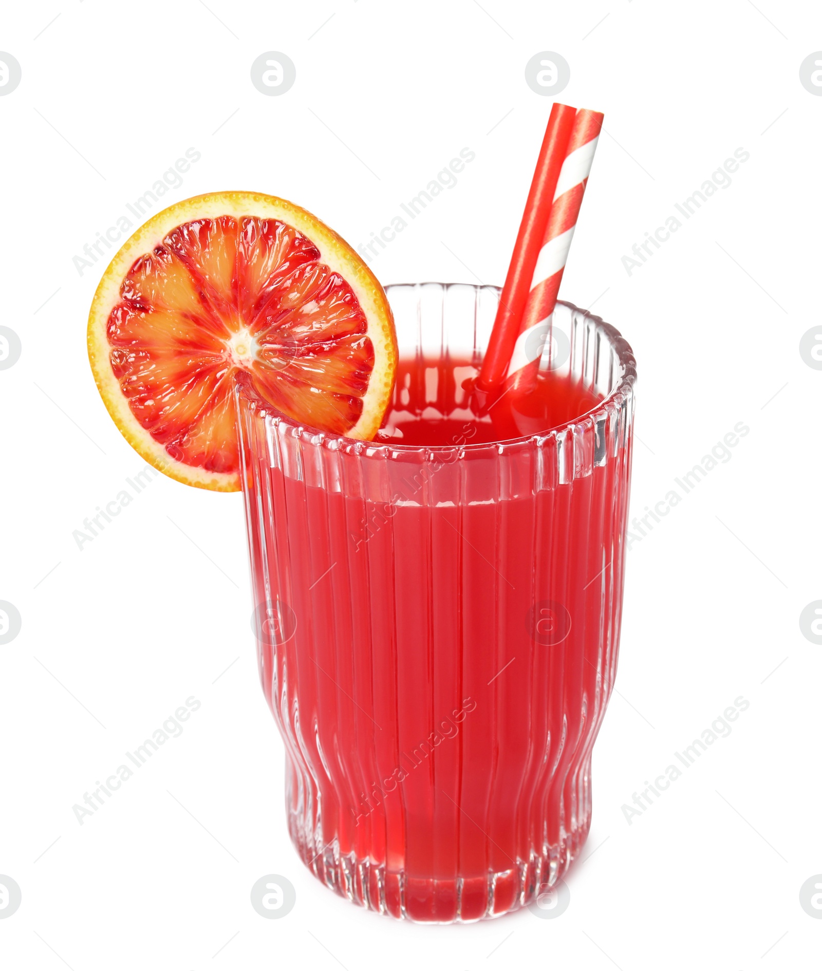 Photo of Tasty sicilian orange juice with straws in glass isolated on white