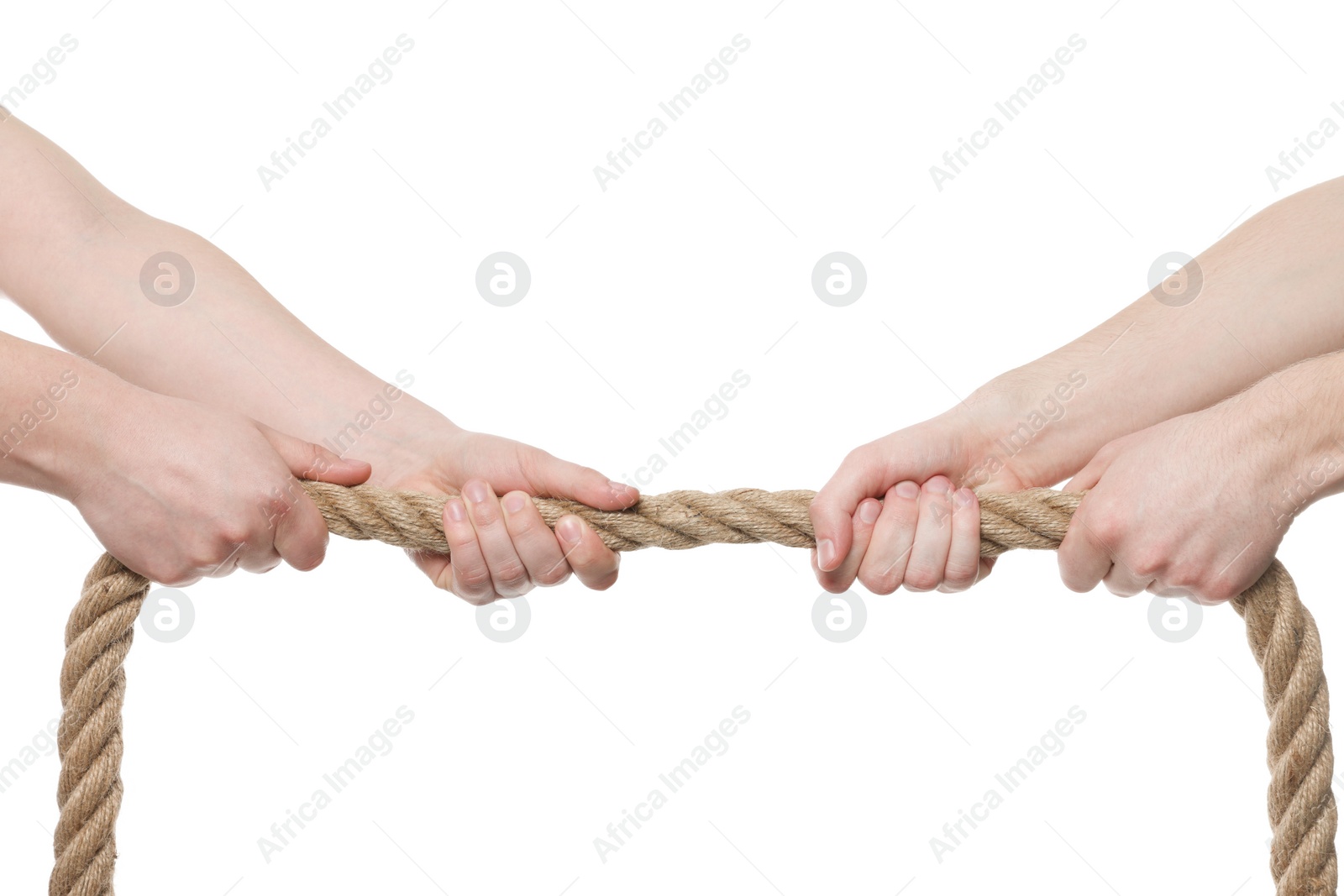 Photo of Dispute concept. Men pulling rope on white background, closeup