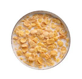 Photo of Tasty corn flakes with milk in bowl isolated on white, top view