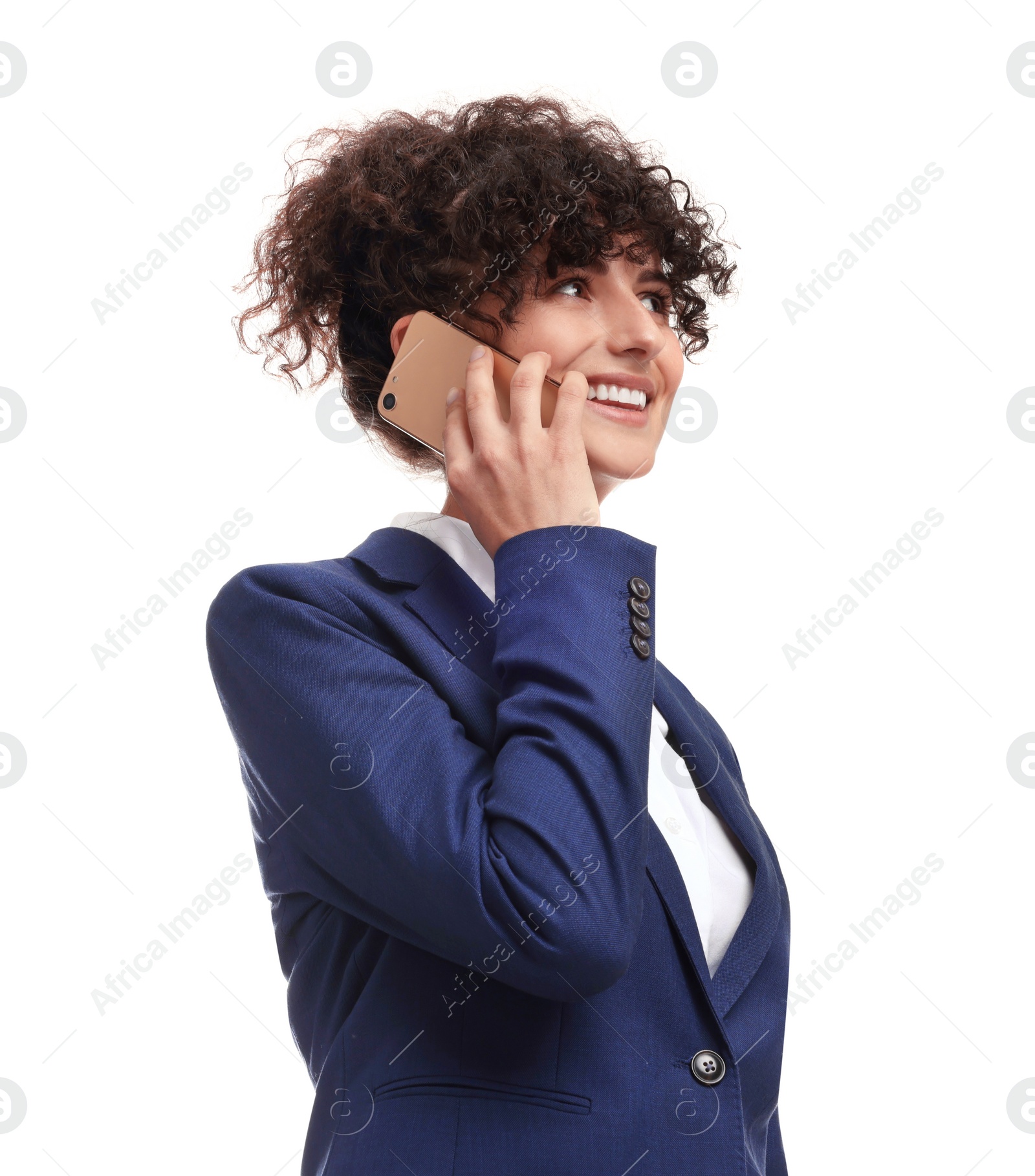 Photo of Beautiful businesswoman in suit talking on smartphone against white background, low angle view