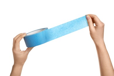 Photo of Woman holding light blue adhesive tape on white background, closeup