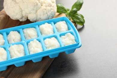 Photo of Cauliflower puree in ice cube tray ready for freezing on grey table, closeup. Space for text