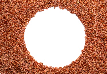 Frame made of uncooked red rice on white background, top view. Space for text