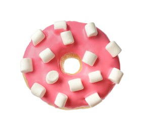 Sweet tasty glazed donut decorated with marshmallows isolated on white