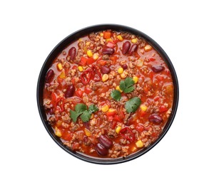 Bowl with tasty chili con carne on white background, top view