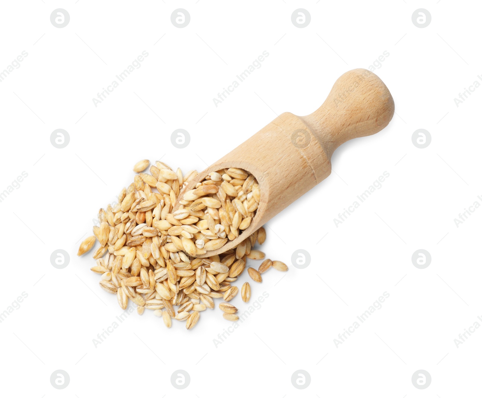 Photo of Wooden scoop with raw pearl barley isolated on white, top view