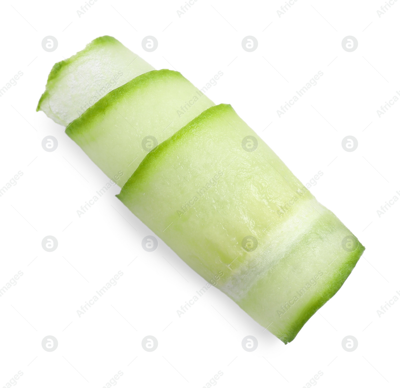 Photo of Slice of fresh cucumber isolated on white, top view