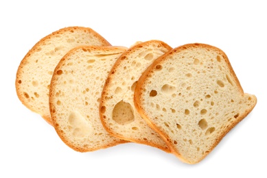 Photo of Slices of wheat bread isolated on white, top view