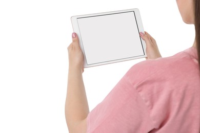 Woman holding tablet with blank screen on white background, closeup. Mockup for design
