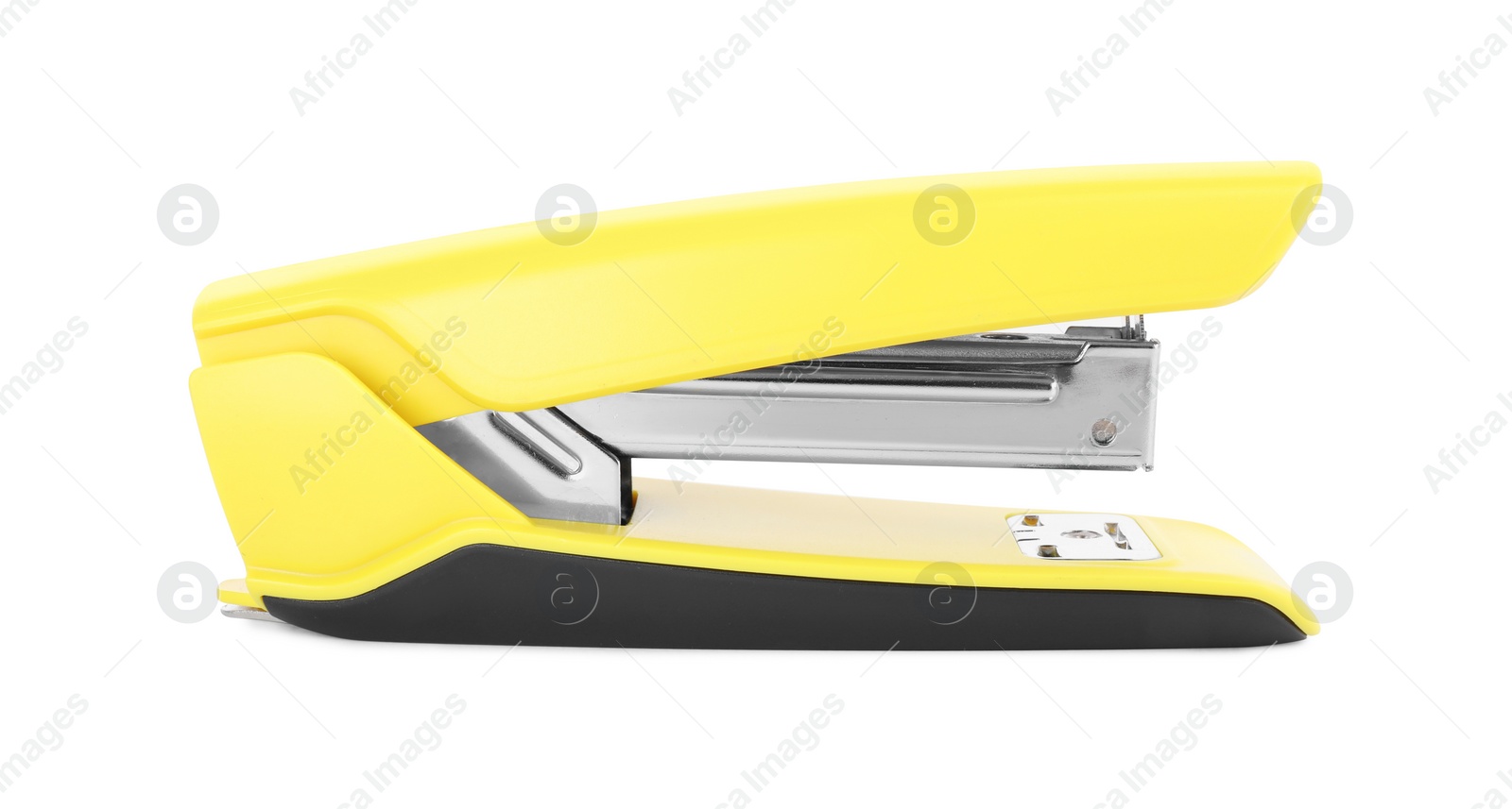 Photo of One new yellow stapler isolated on white