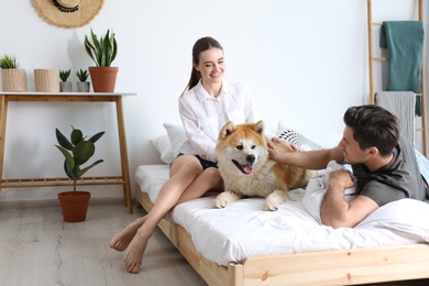 Couple and Akita Inu dog in bedroom decorated with houseplants