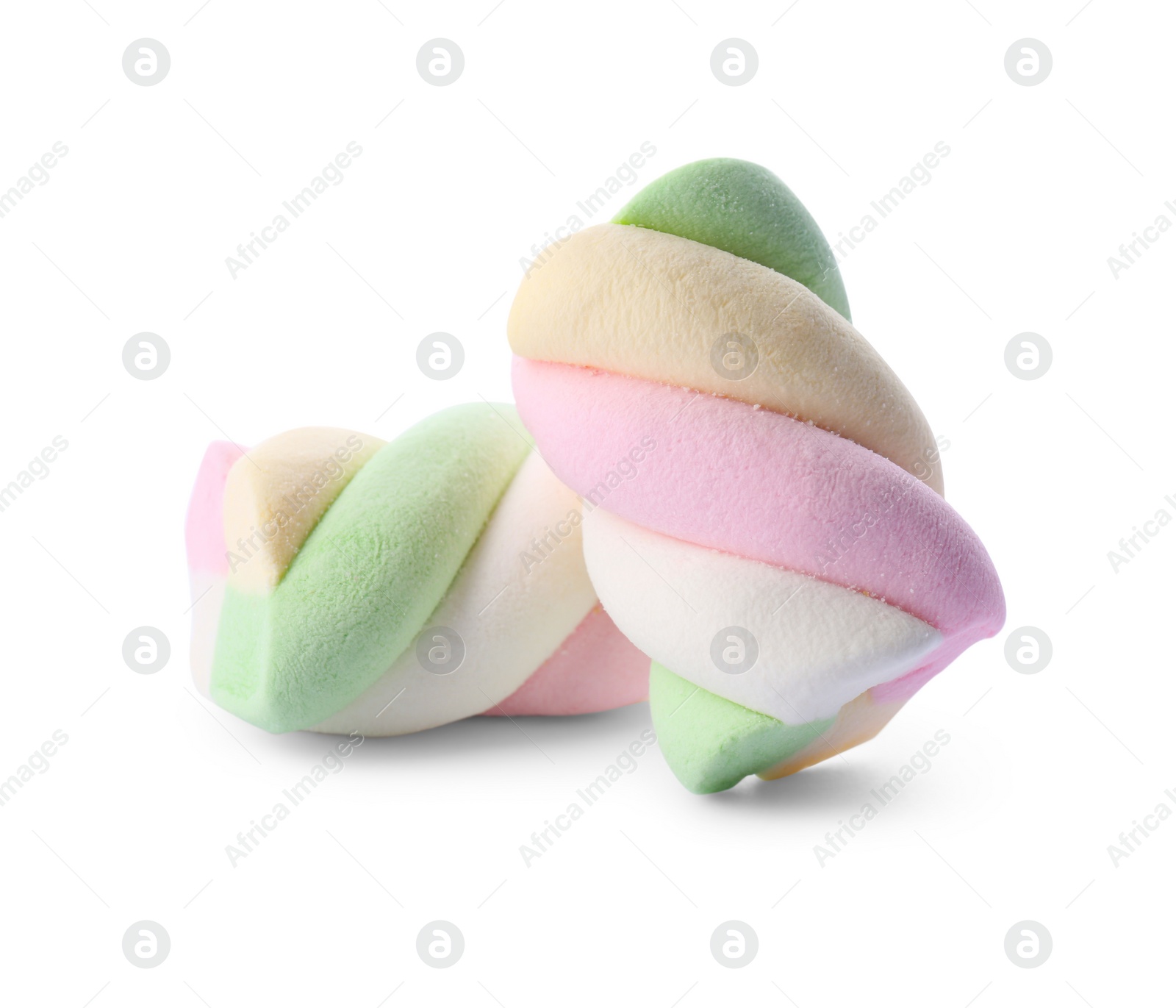 Photo of Two delicious colorful marshmallows on white background