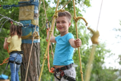 Photo of Little boy climbing in adventure park. Summer camp