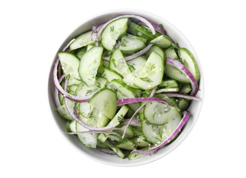 Fresh tasty salad with cucumber in bowl on white background, top view