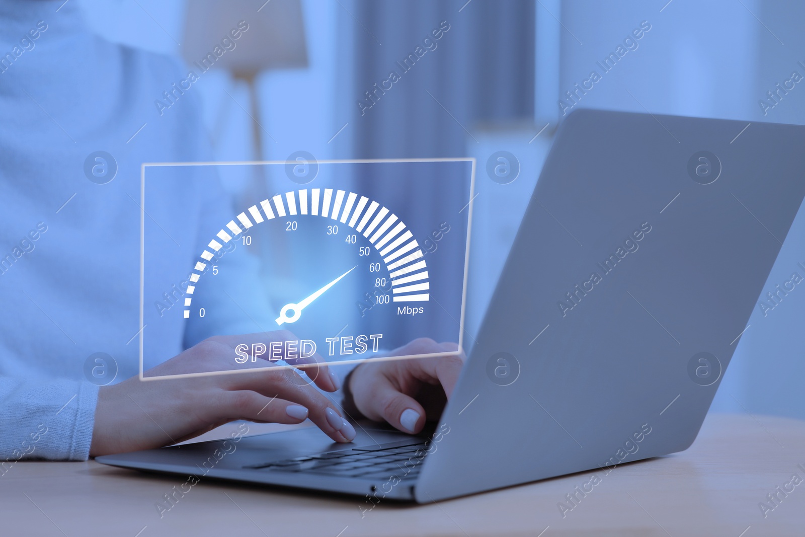 Image of Speed test. Woman using laptop at table, closeup. Virtual screen over device