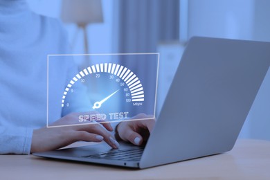 Image of Speed test. Woman using laptop at table, closeup. Virtual screen over device