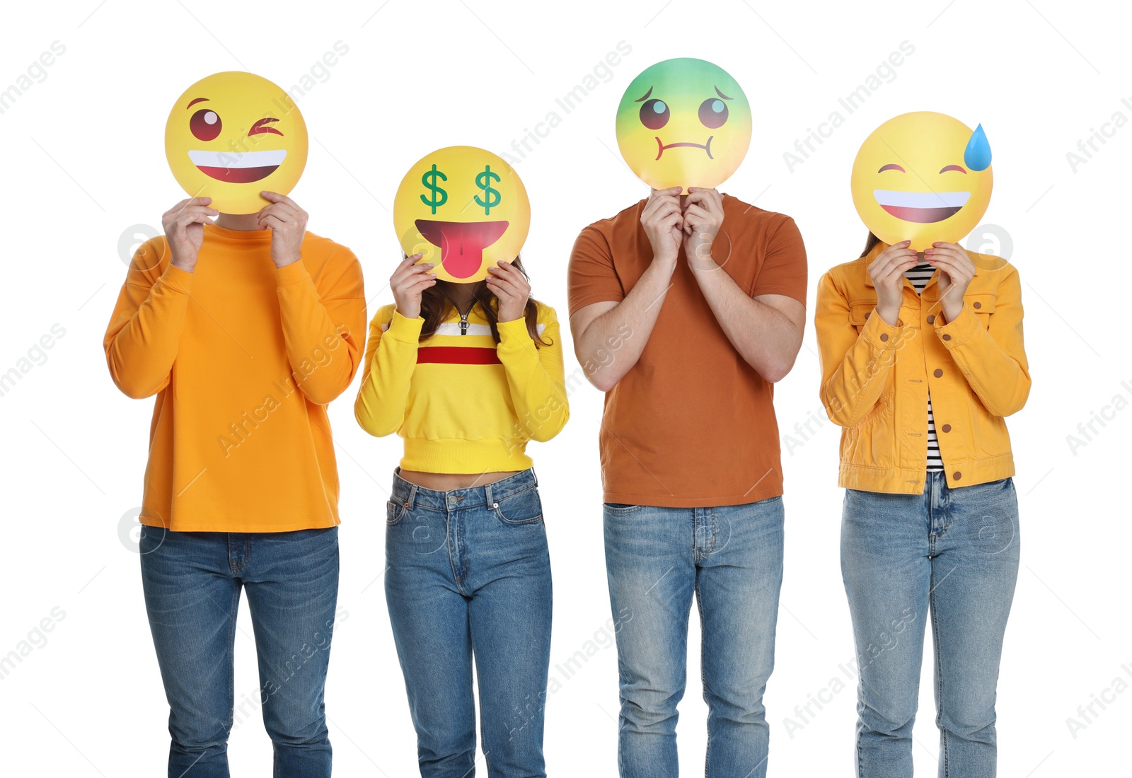 Photo of People covering faces with emoticons on white background