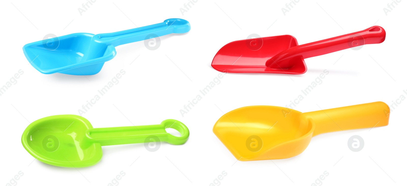 Image of Different bright plastic toy shovels on white background, collage. Banner design