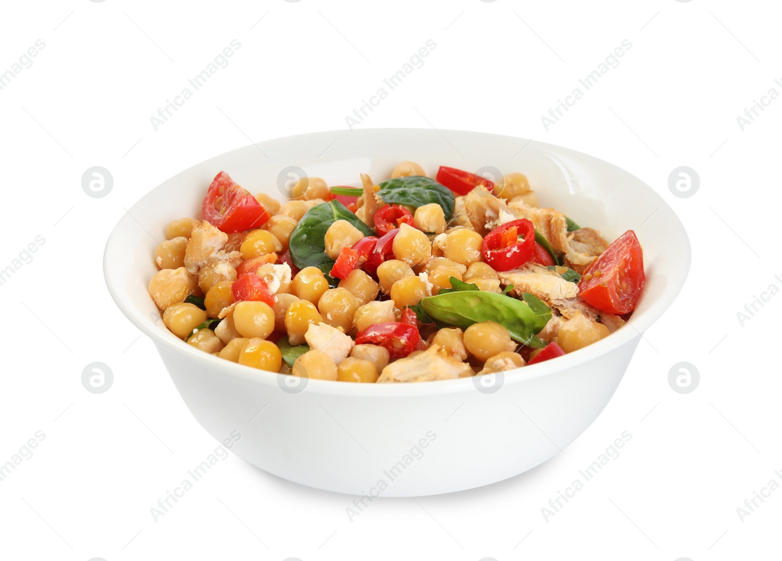 Photo of Bowl with delicious fresh chickpea salad isolated on white