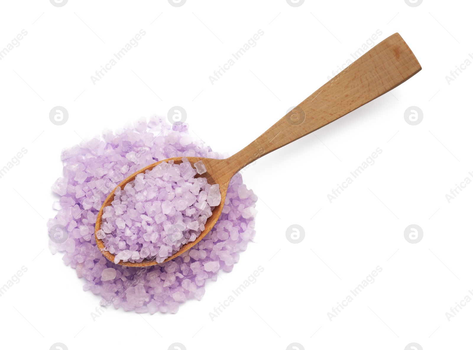 Photo of Violet sea salt and spoon isolated on white, top view