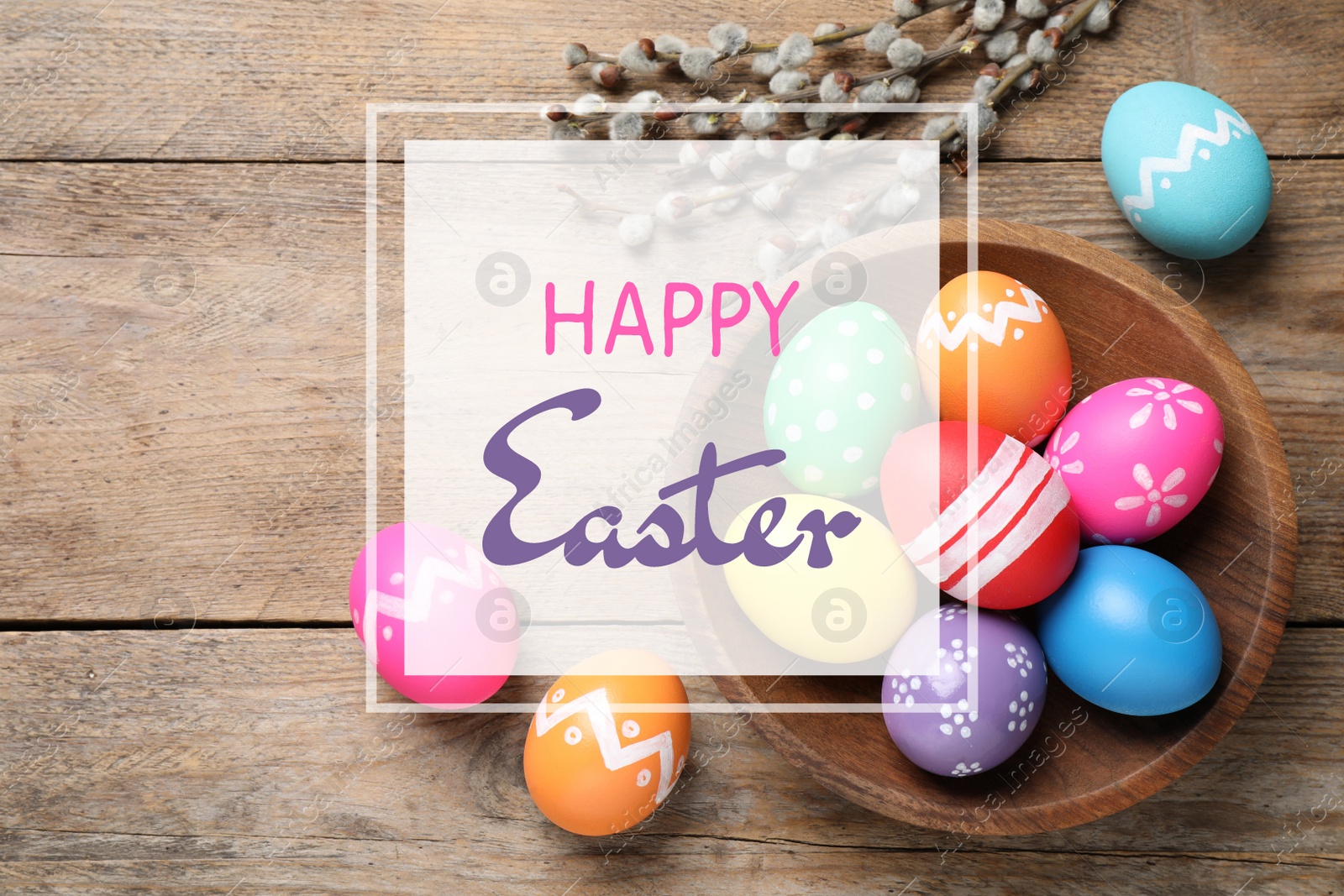 Image of Flat lay composition with bright eggs and text Happy Easter on wooden background