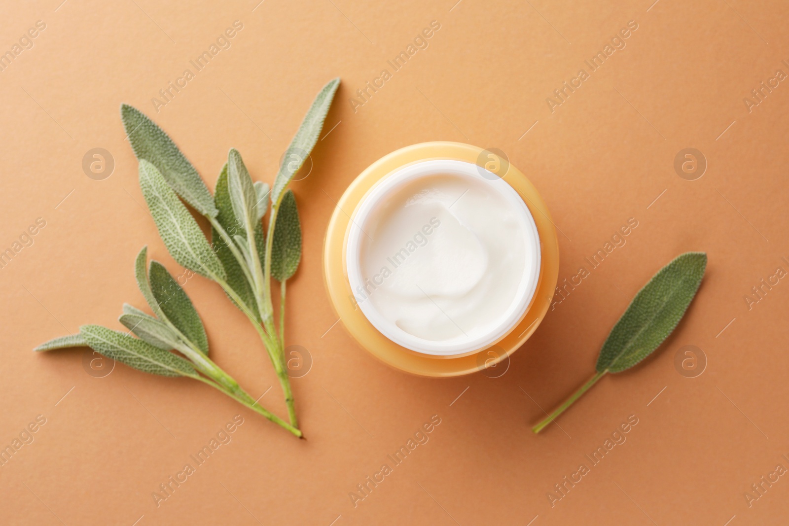 Photo of Jar of face cream and sage leaves on beige background, flat lay