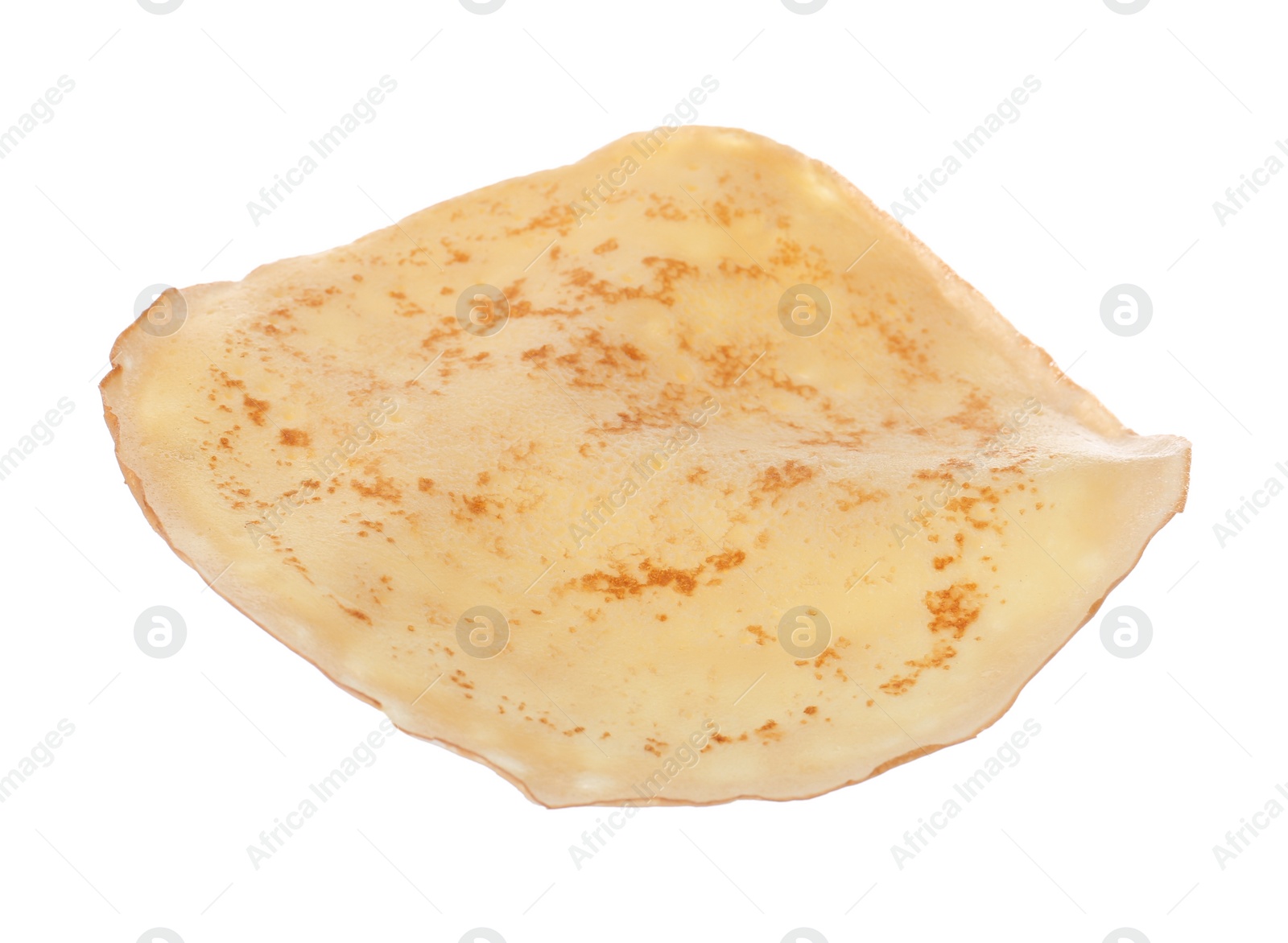 Photo of Hot tasty thin pancake on white background