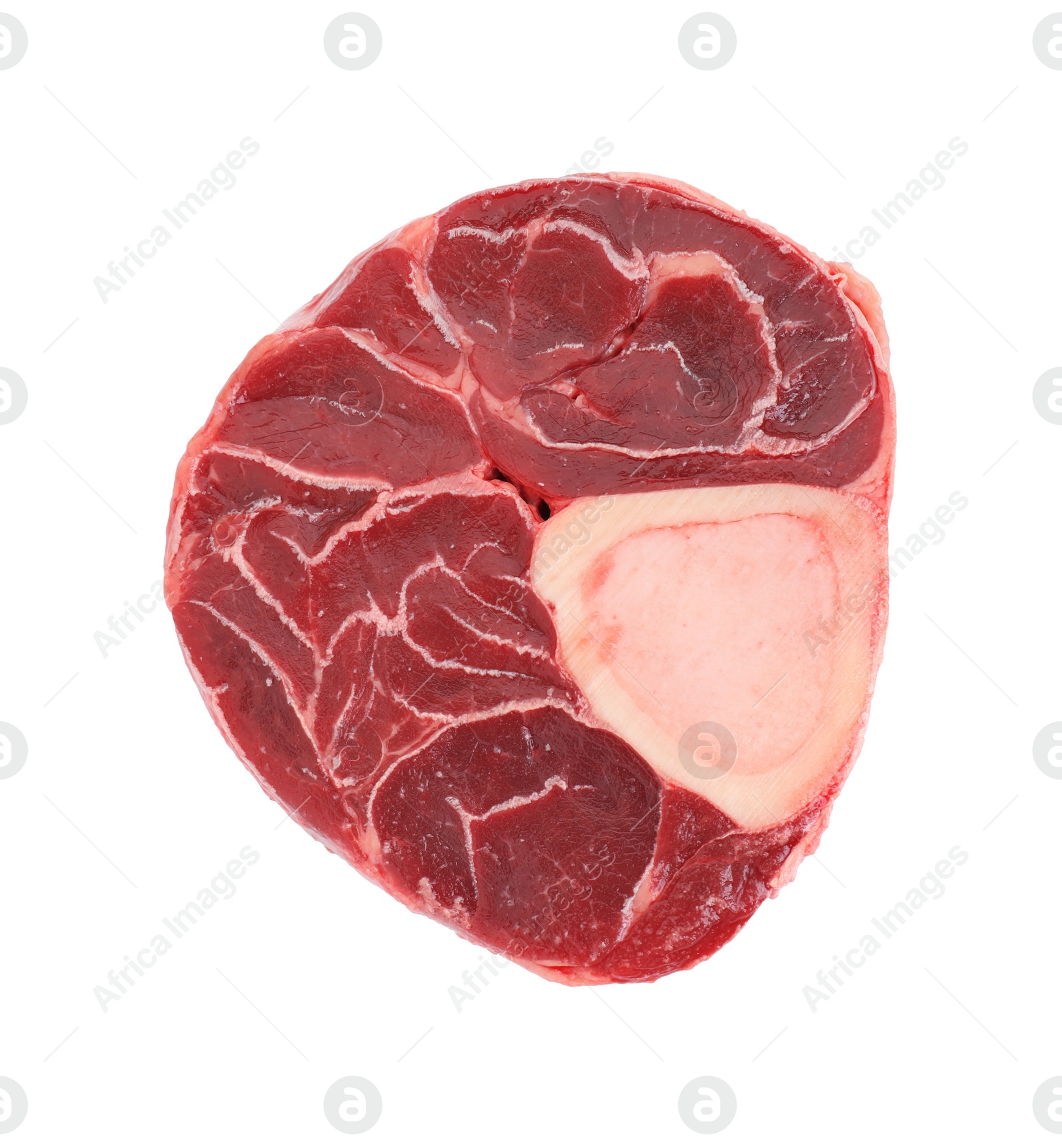 Photo of Piece of raw beef meat isolated on white, top view