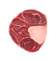 Photo of Piece of raw beef meat isolated on white, top view