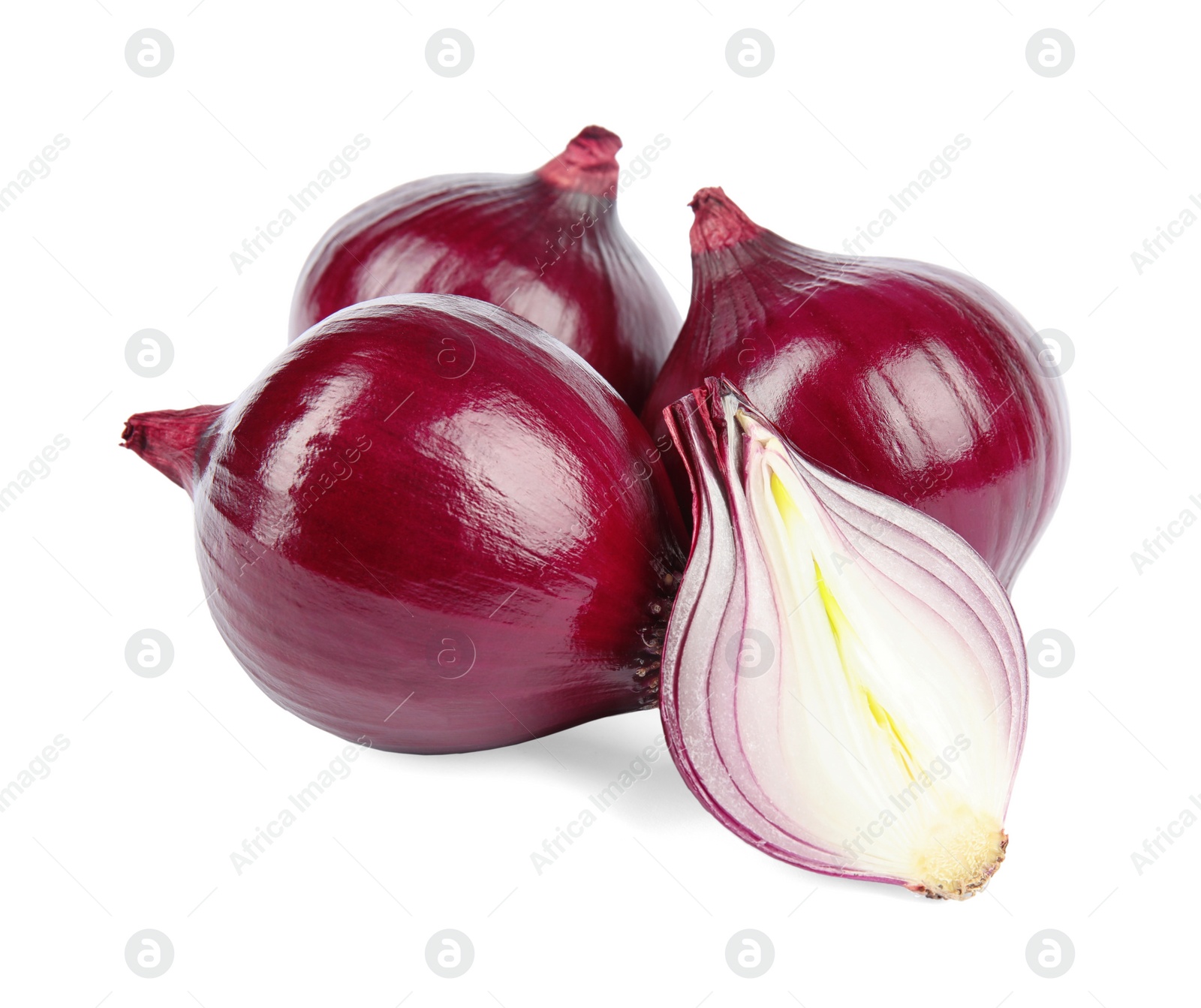 Photo of Fresh whole and cut red onions on white background