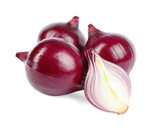 Fresh whole and cut red onions on white background