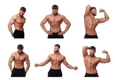 Image of Handsome bodybuilder posing on white background, set of photos