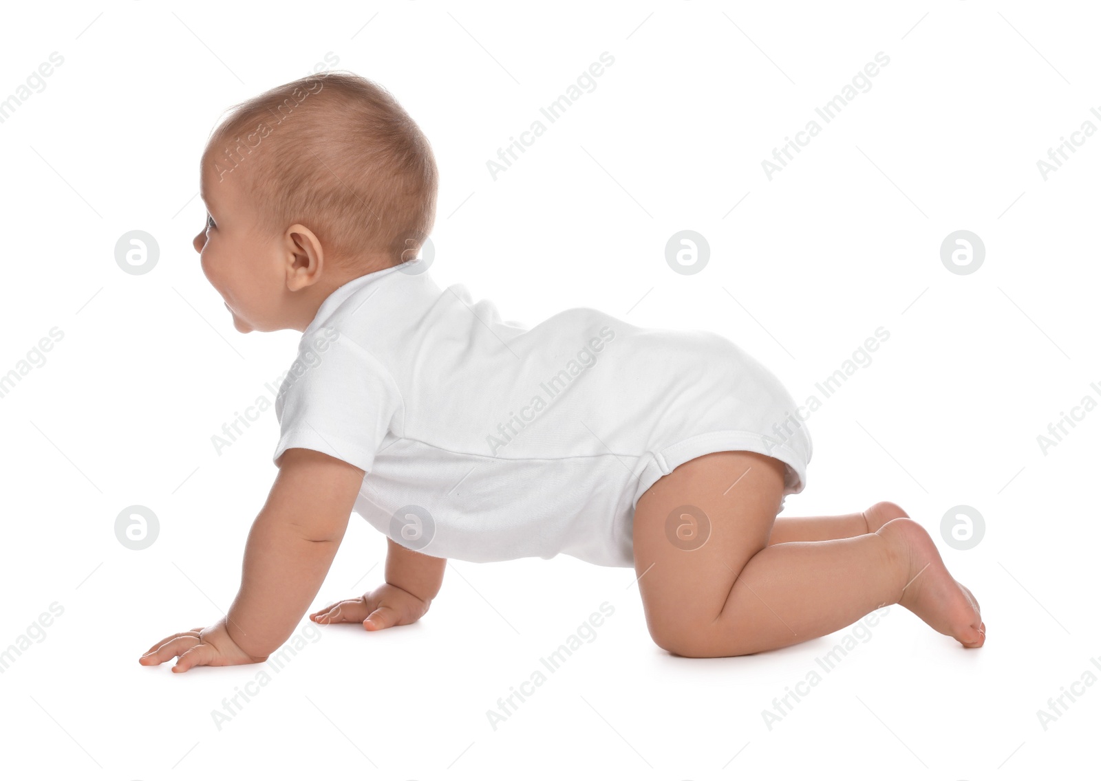 Photo of Cute little baby crawling on white background