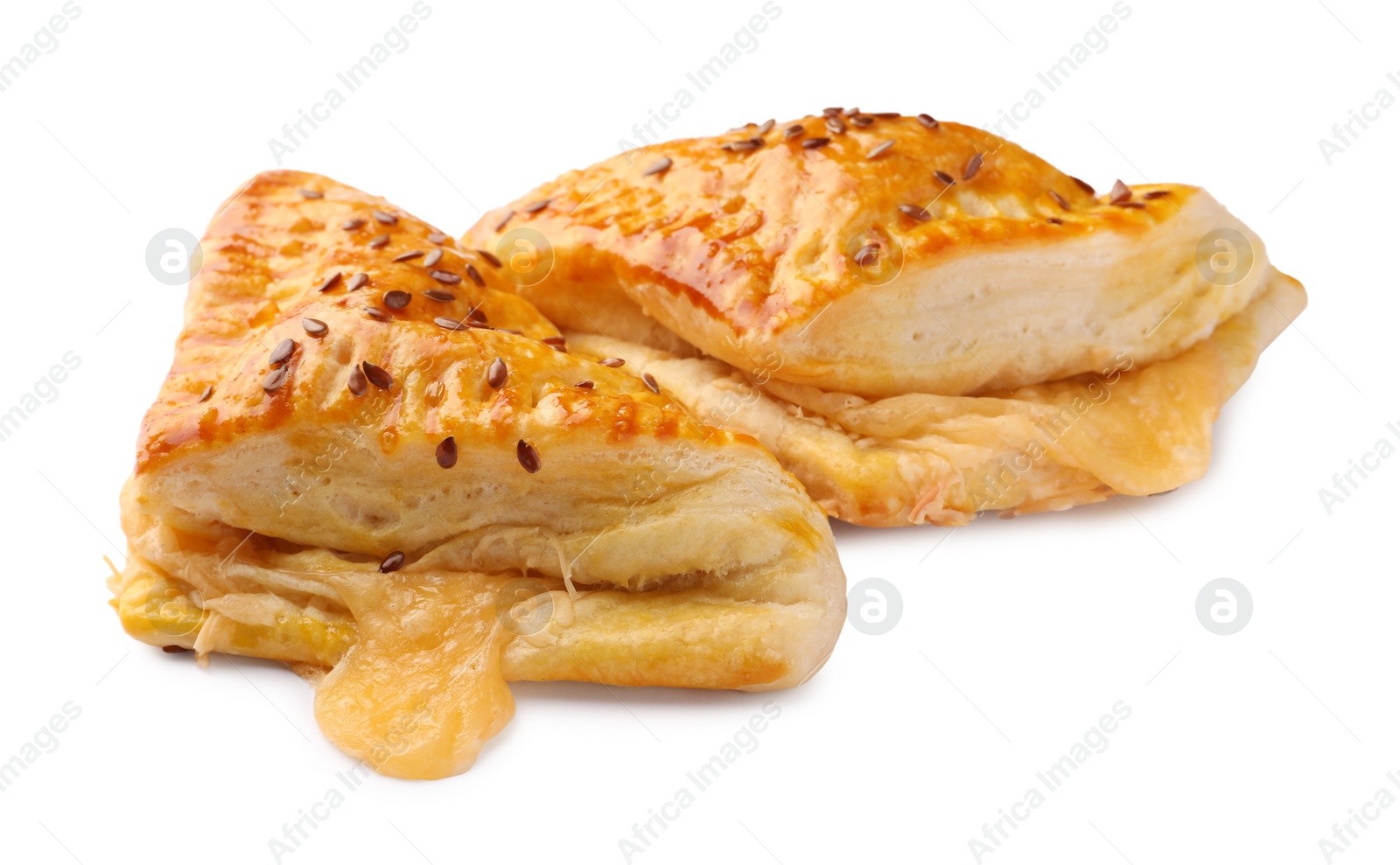 Photo of Fresh delicious puff pastry with cheese on white background, closeup