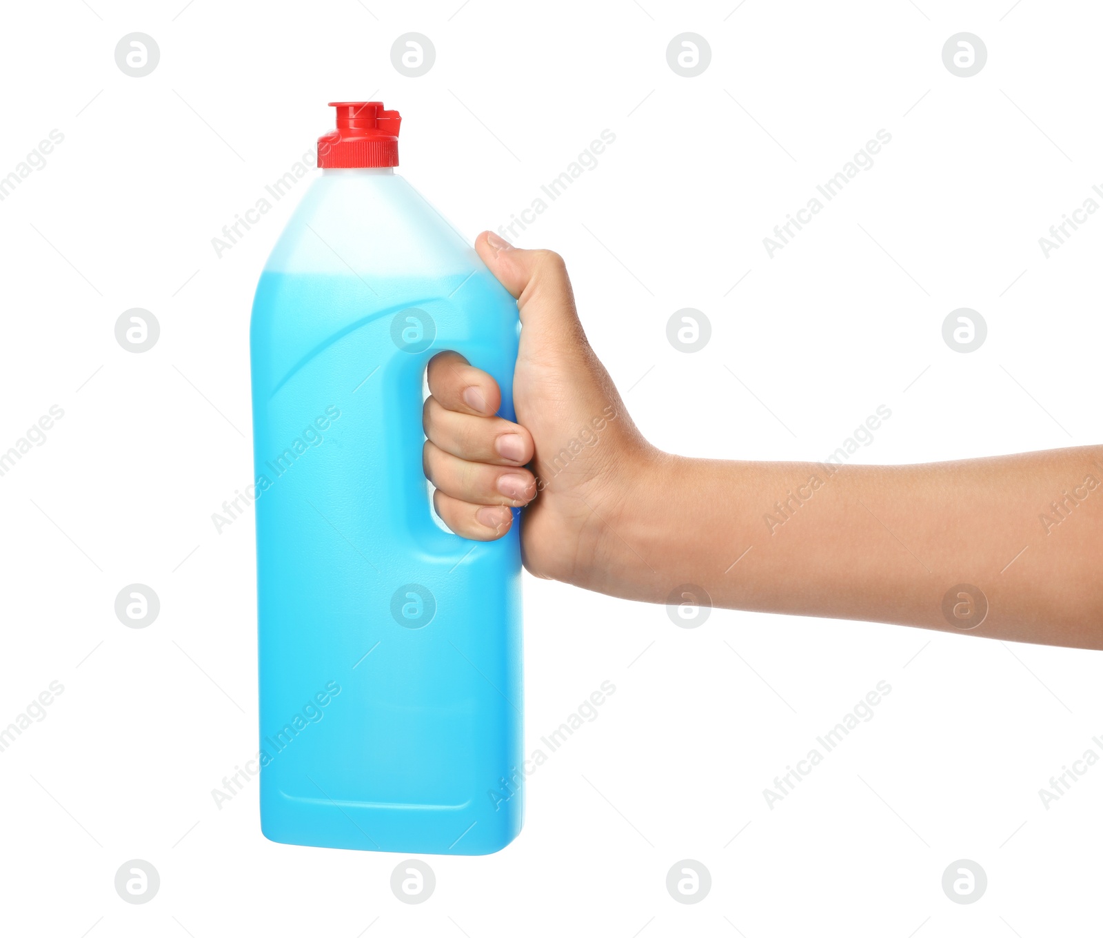 Photo of Woman holding bottle of cleaning product for dish washing on white background, closeup