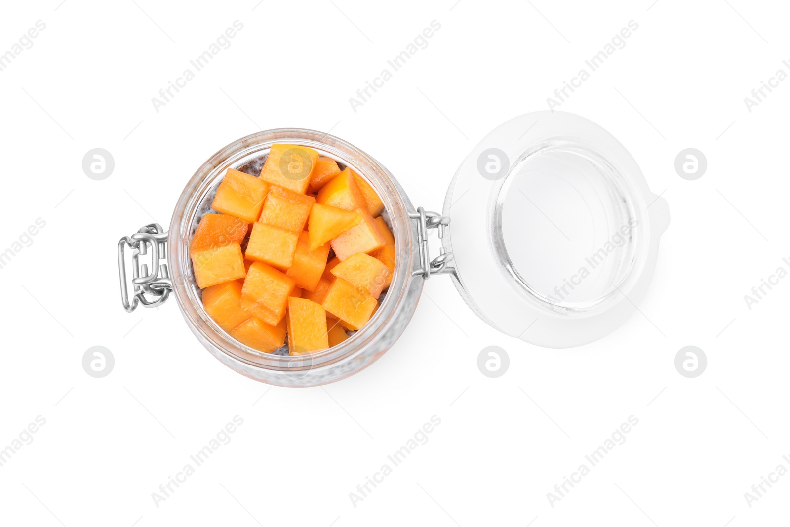 Photo of Delicious dessert with persimmon and chia seeds isolated on white, top view