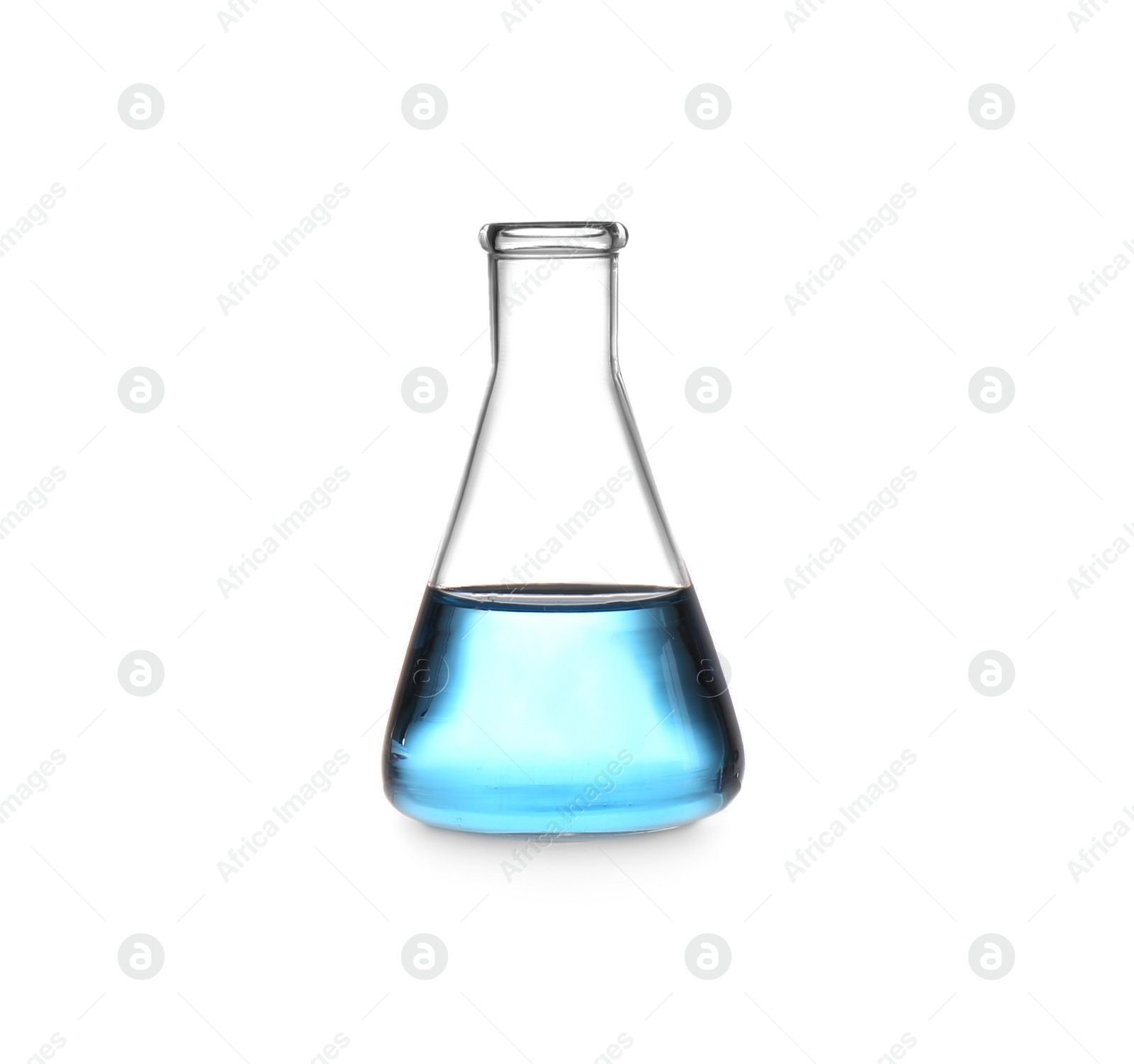 Photo of Erlenmeyer flask with color liquid isolated on white. Solution chemistry