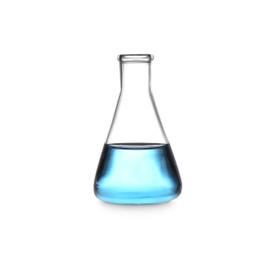 Photo of Erlenmeyer flask with color liquid isolated on white. Solution chemistry