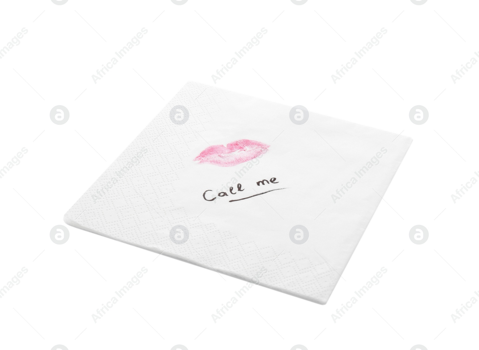 Photo of Paper napkin with lipstick mark and words CALL ME on white background