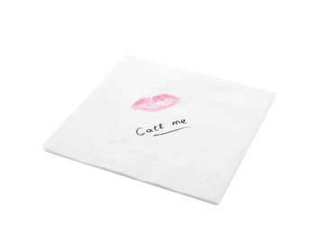 Paper napkin with lipstick mark and words CALL ME on white background