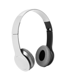 Stylish modern headphones with earmuffs on white background