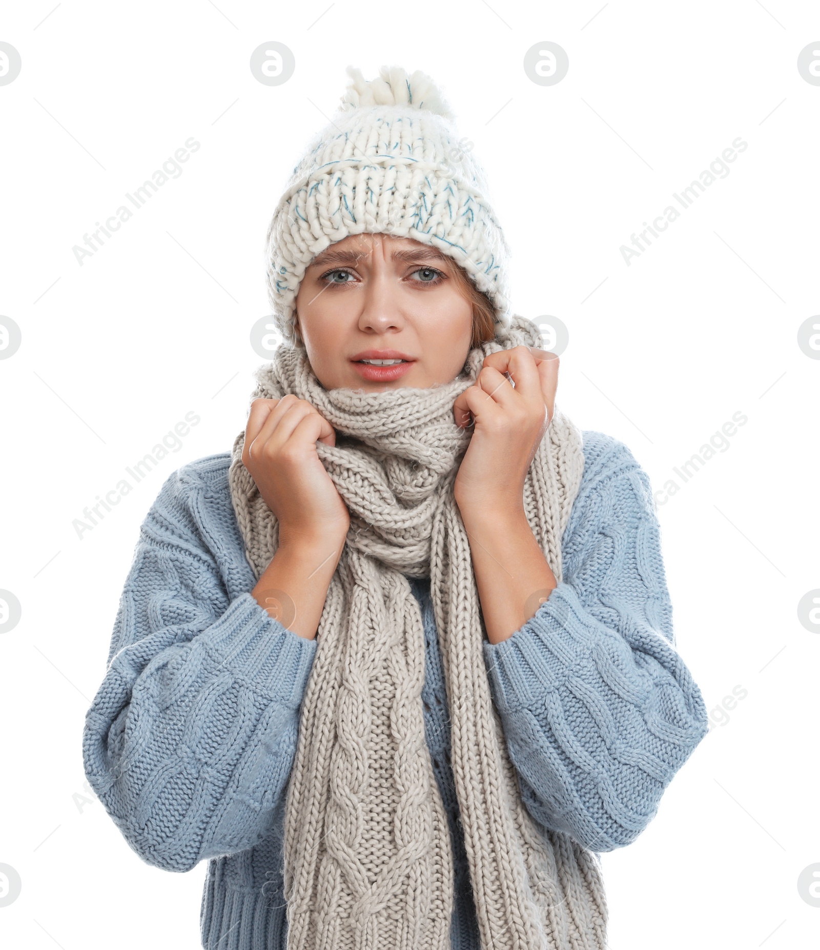 Photo of Young woman suffering from cold on white background