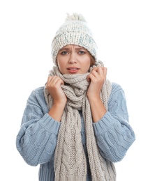 Photo of Young woman suffering from cold on white background