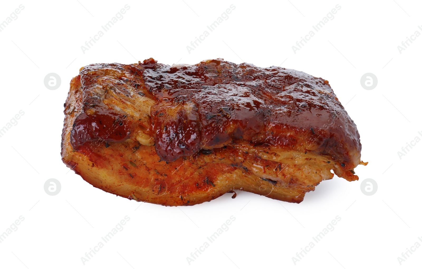 Photo of Piece of tasty baked pork belly isolated on white